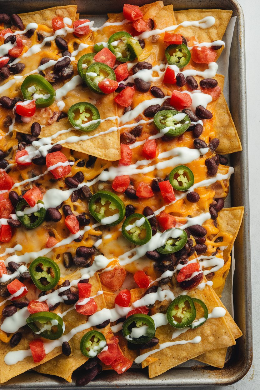 Indoor photo of a sheet pan overflowing with baked tortilla chips topped with melted cheese, black beans, jalapeños, diced tomatoes, and a drizzle of sour cream; no text or logos