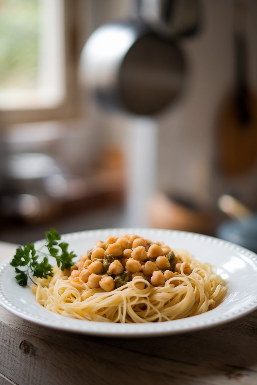 An indoor dinner plate with chickpeas simmered in lemon-caper sauce, served over angel hair pasta. No text or logos. Photo, not illustration.