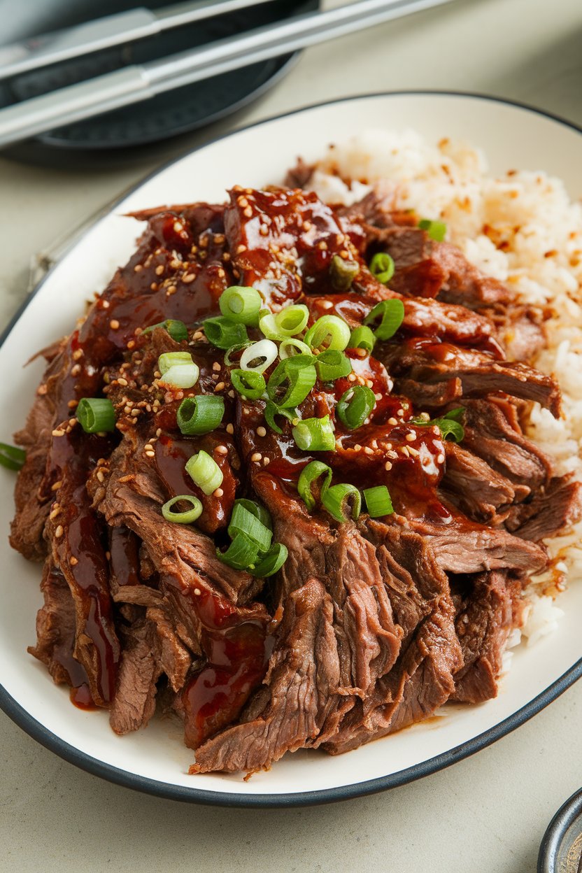 Indoor platter of shredded beef coated in dark Korean BBQ glaze, sprinkled with green onion; no text or logos; photograph.