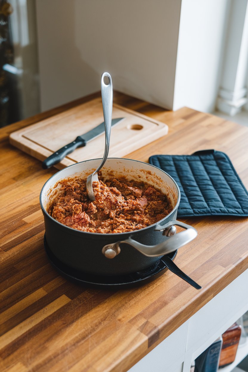 Indoor kitchen island with a saucepan of chunky beef Bolognese, ladle dipping inside. No text or logos.