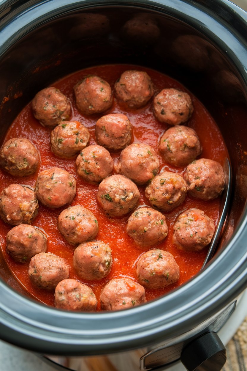 Photo of bite-sized turkey meatballs simmering in red sauce inside a small slow-cooker, spoon nearby, all indoors. No text or logos.