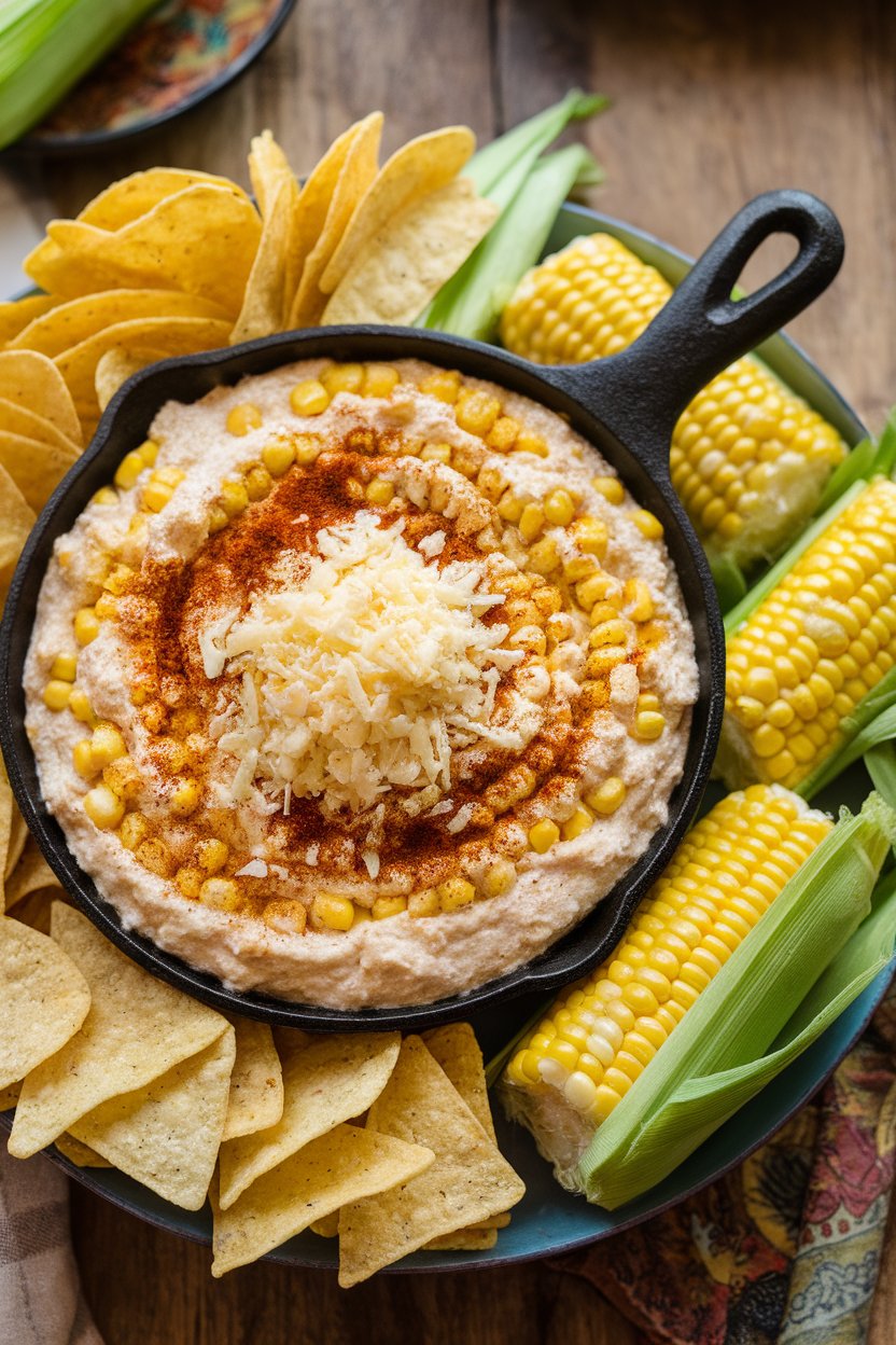 Indoor party platter with a cast-iron skillet of creamy street corn dip topped with cotija cheese and chili powder. No logos or text.