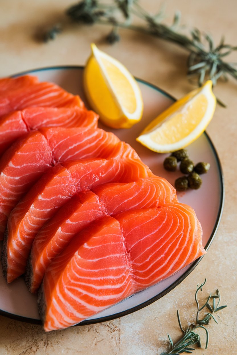 Indoor photo of vibrant pink salmon slices fanned out on a plate with lemon wedges and capers, no text or logos