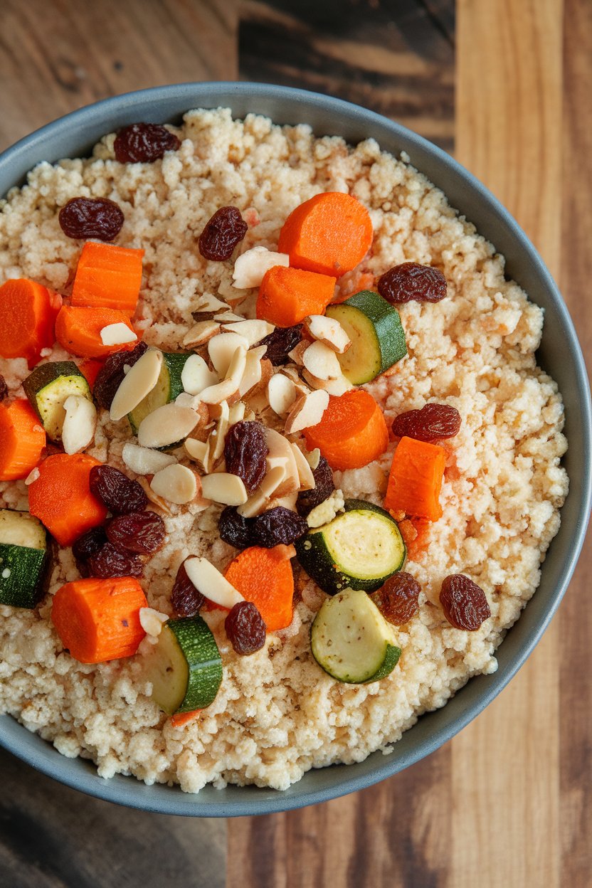 A shallow indoor bowl of fluffy couscous studded with roasted carrots, zucchini, and raisins, sprinkled with chopped almonds. No text or logos. Photo only.