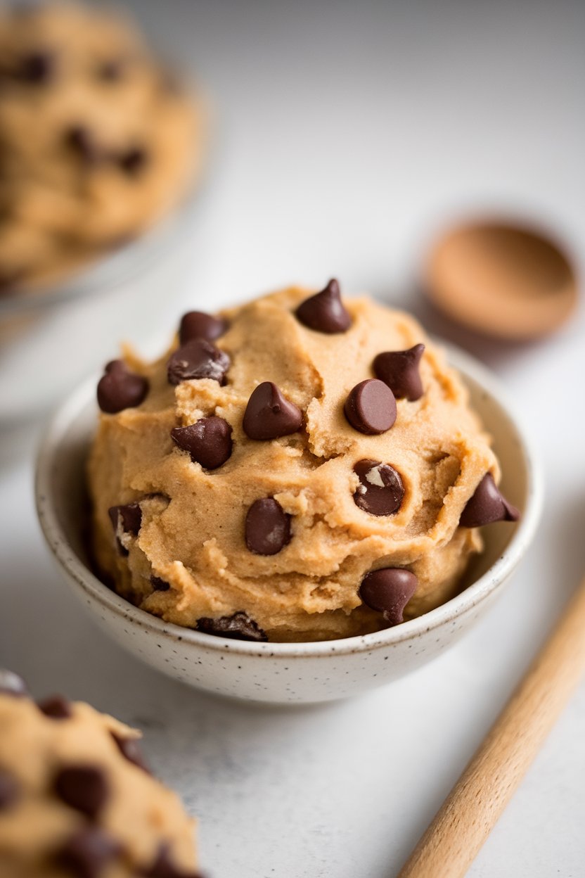 Indoor bowl of edible cookie dough studded with chocolate chips, a spoon resting beside. No text or logos; photo only.