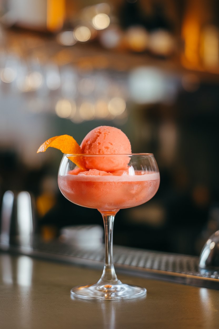 Indoor photo of a clear coupe glass holding bright red-orange sorbet, garnished with an orange twist, set on a bar counter. No text or logos.