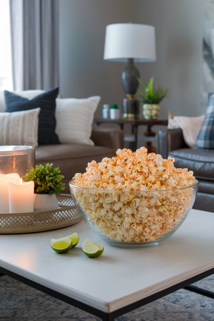 Indoor living-room coffee table with a large bowl of popcorn dusted with red seasoning flecks, lime wedges nearby. No text or logos.