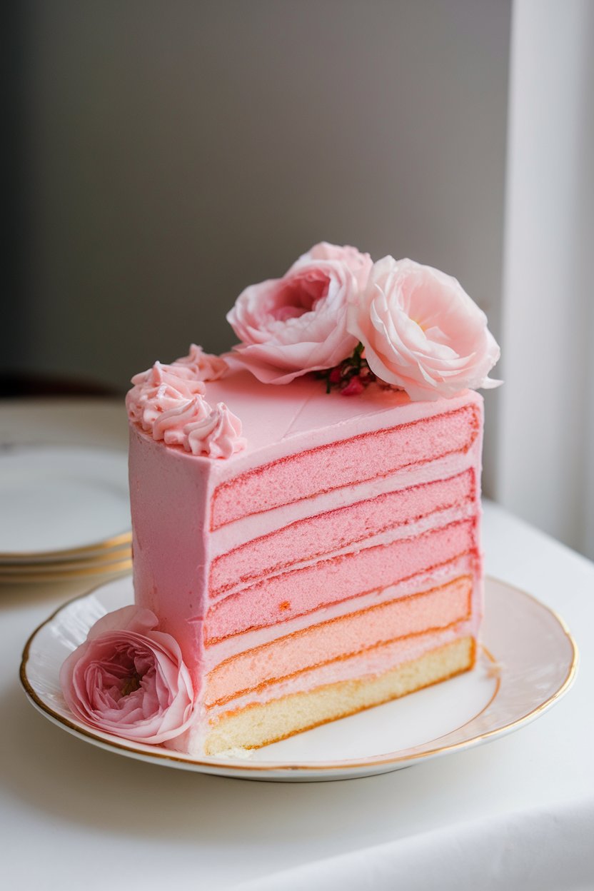 A slice of four-layer pink ombre cake with buttercream frosting, plated indoors on white china. No text or logos in scene.