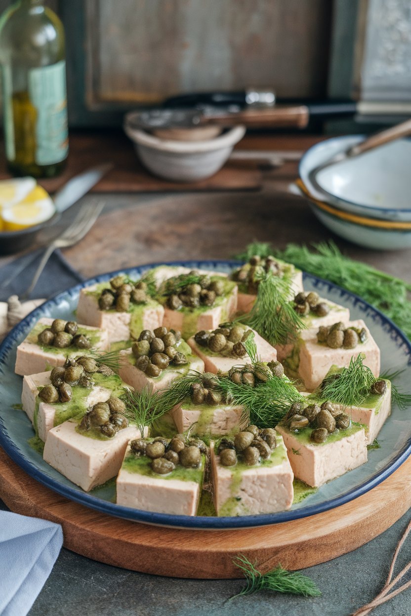 Photo prompt: Indoor serving dish with tofu cubes topped in dill-lemon caper sauce, capers visible. No text or logos.