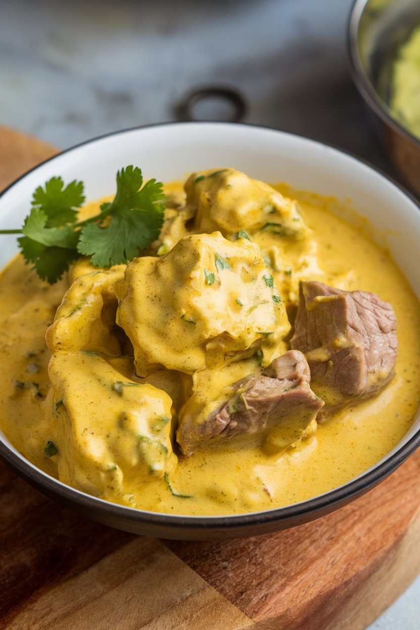 Indoor bowl of beef chunks in creamy yellow curry yogurt sauce, cilantro garnish. No logos or text.