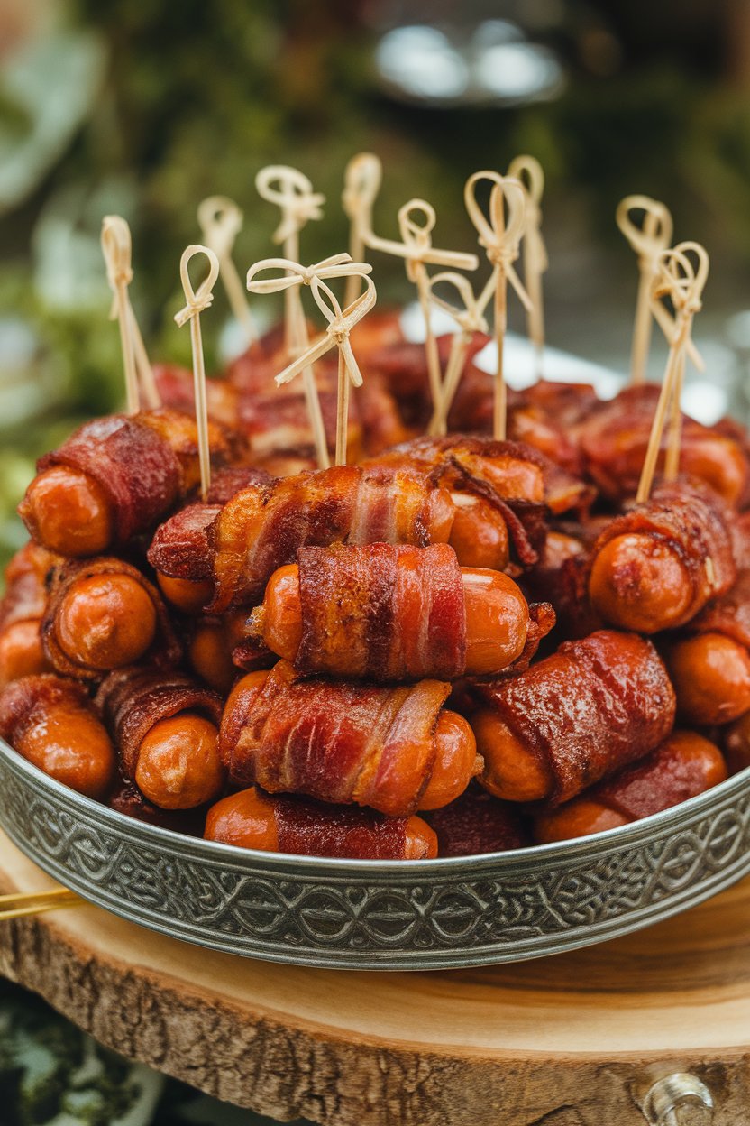 Indoor photo of brown-sugar glazed bacon-wrapped cocktail sausages on a platter; no text or logos.