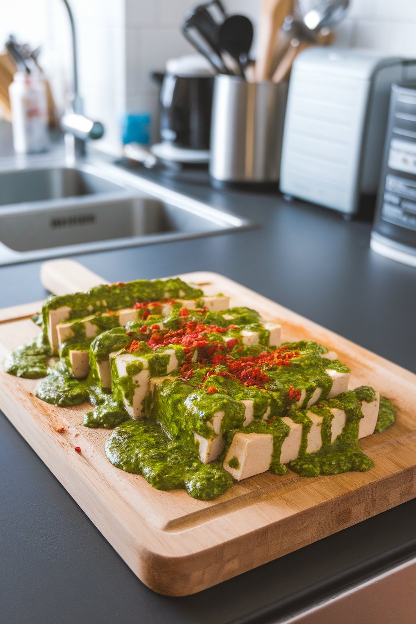 Photo prompt: Kitchen island with tofu slices drizzled in vibrant green chimichurri, red pepper flakes sprinkled on top. No text or logos.