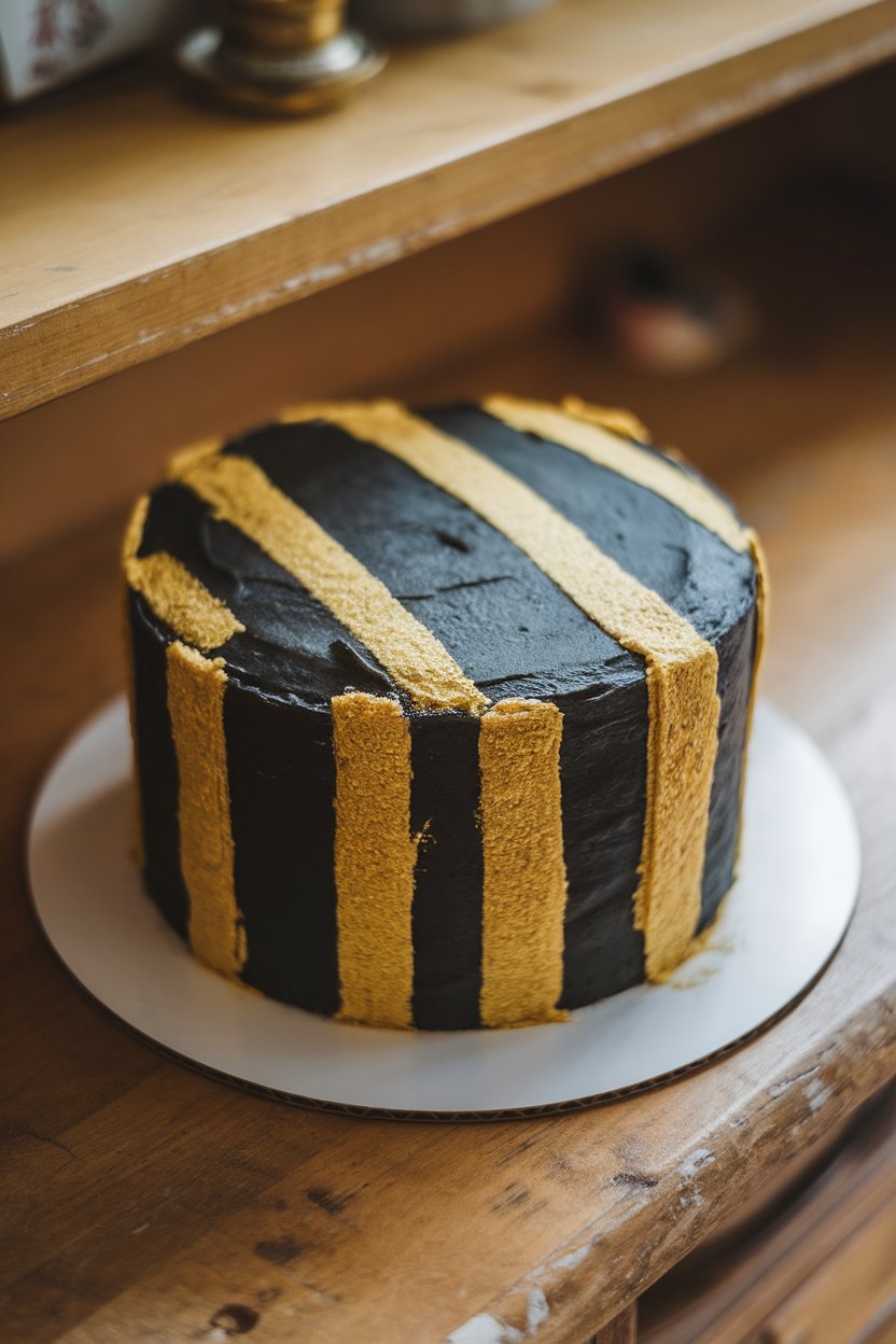 Indoor shot of a cake iced black with gold sugar stripes, nodding to New Orleans Saints colors; no text or logos.