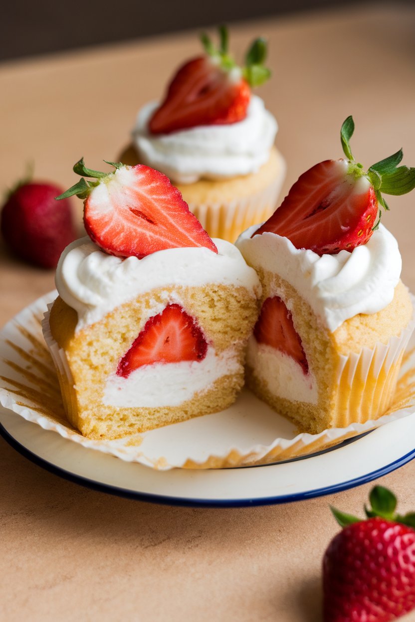 Photo of vanilla cupcake split and filled with fresh strawberries and whipped cream, indoor, no text or logos
