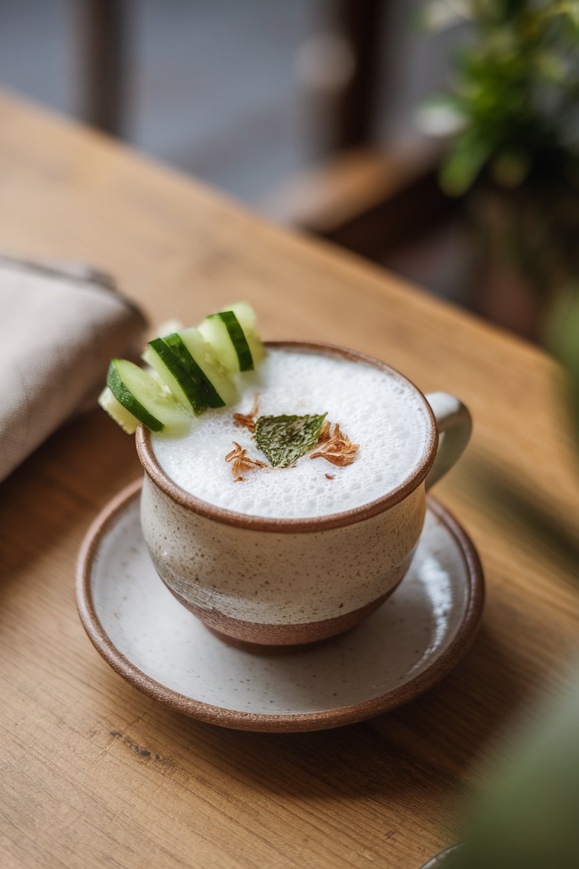 Indoor Middle-Eastern café table with a ceramic cup of frothy white yogurt drink, cucumber dice on top, sprinkle of dried mint. No text or logos.