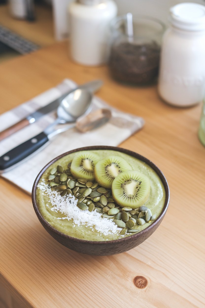An indoor breakfast table with a green smoothie bowl topped with sliced kiwi, coconut shreds, and pumpkin seeds, no text or logos. Photo only.