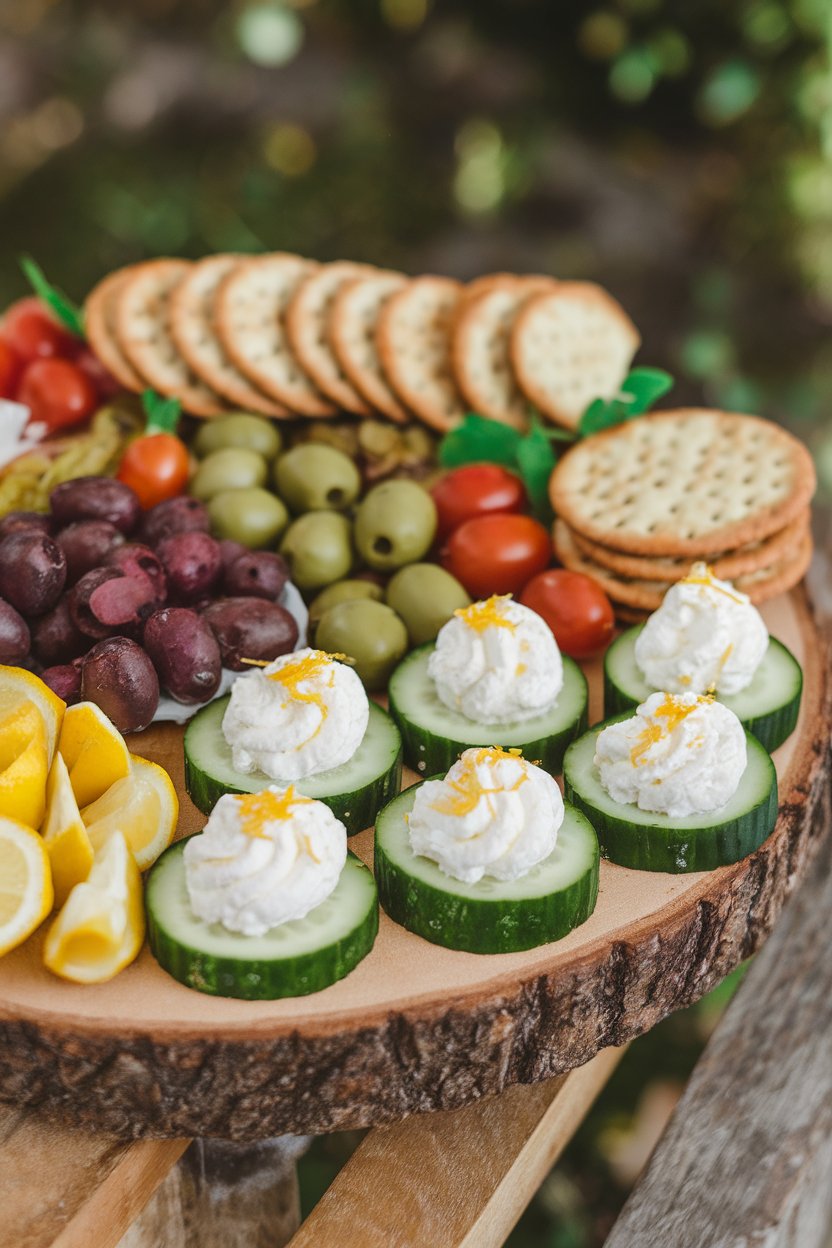 Indoor appetizer board featuring cucumber rounds topped with whipped feta and a lemon zest sprinkle. No text or logos.
