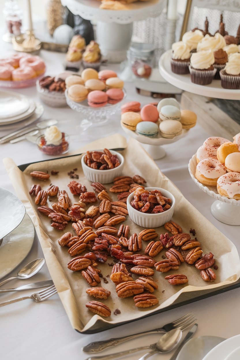 An indoor dessert table holding clusters of candied pecans studded with bacon bits and glazed with maple syrup on parchment-lined tray. No text or logos present.