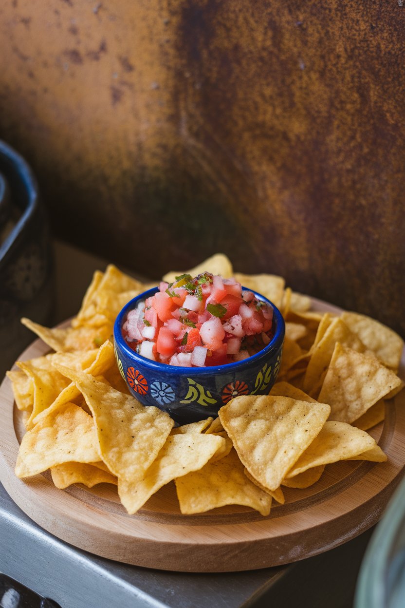 Indoor photo of a small ceramic bowl filled with bright pico de gallo, surrounded by freshly fried tortilla chips. No text or logos.