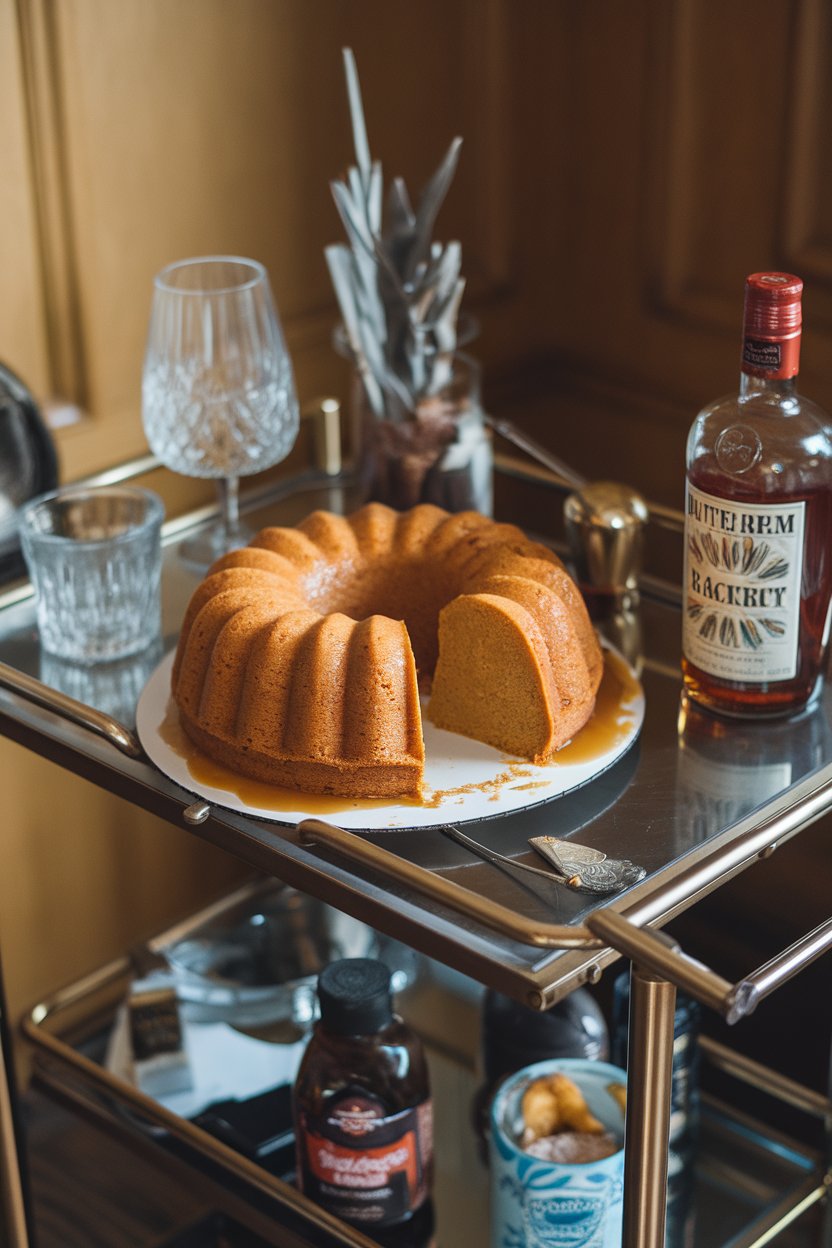An indoor bar cart displaying a golden rum bundt cake soaked with butter-rum syrup, slice partially removed, showing moist texture—no text or logos.
