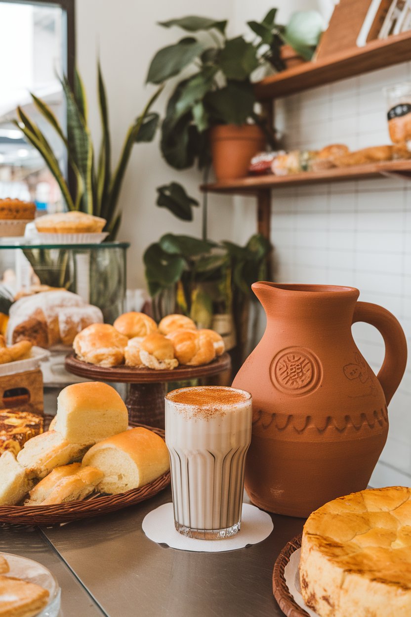 An indoor Mexican bakery counter with a terracotta pitcher and glass of milky horchata sprinkled with cinnamon. No text or logos. Photo.