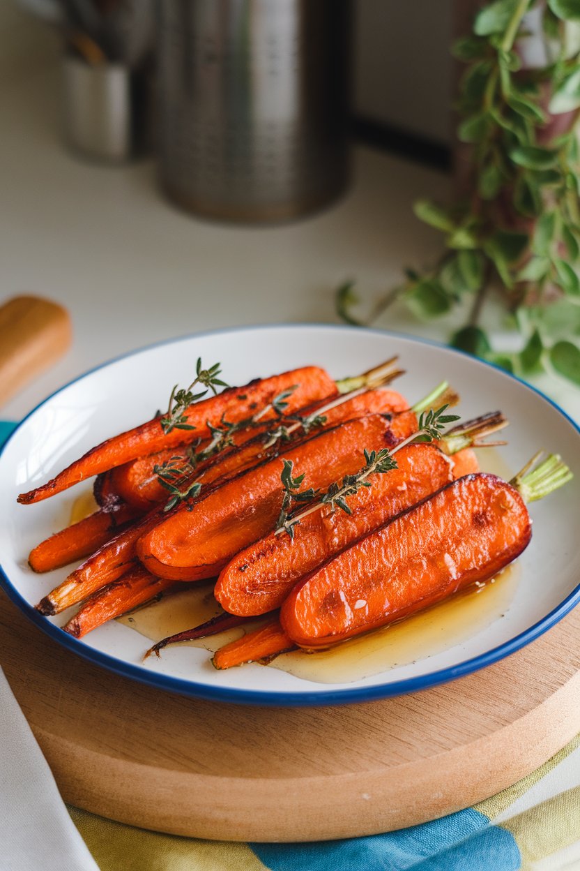 Indoor dish of roasted carrot rounds glazed with honey and thyme, slight caramelization showing. Photo, no text or logos.