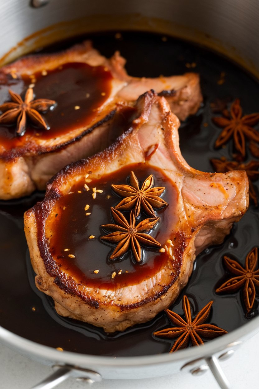 Indoor shot of pork chops in dark hoisin sauce, star anise garnish, no text or logos.