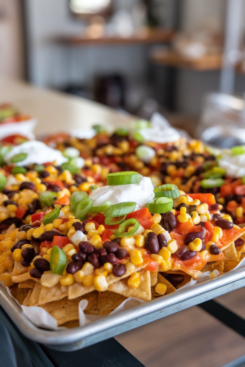 A sheet pan of colorful vegetable nachos—corn, black beans, diced peppers, and melted Colby Jack—on an indoor table; no text or logos, photo not illustration.