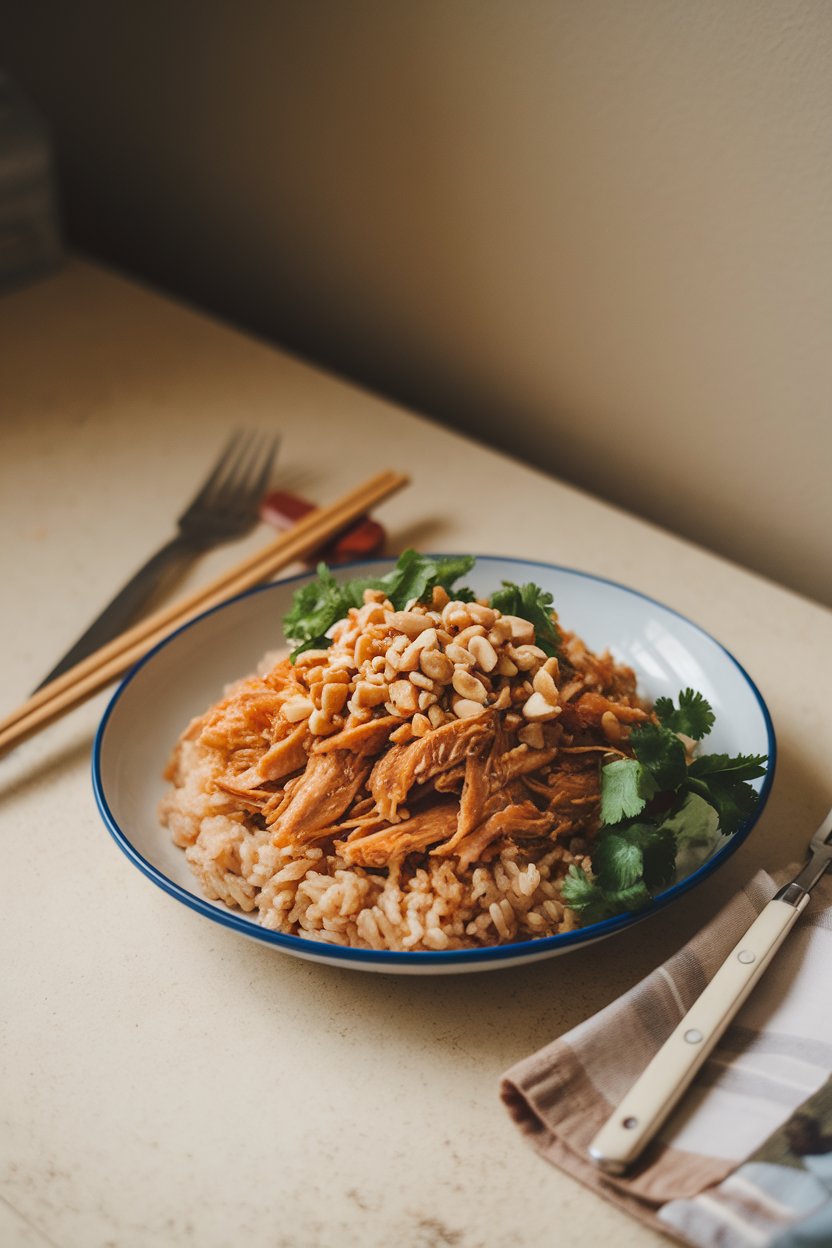 Softly lit indoor table with a plate of shredded peanut chicken over brown rice, topped with chopped peanuts and cilantro. No text or logos anywhere.