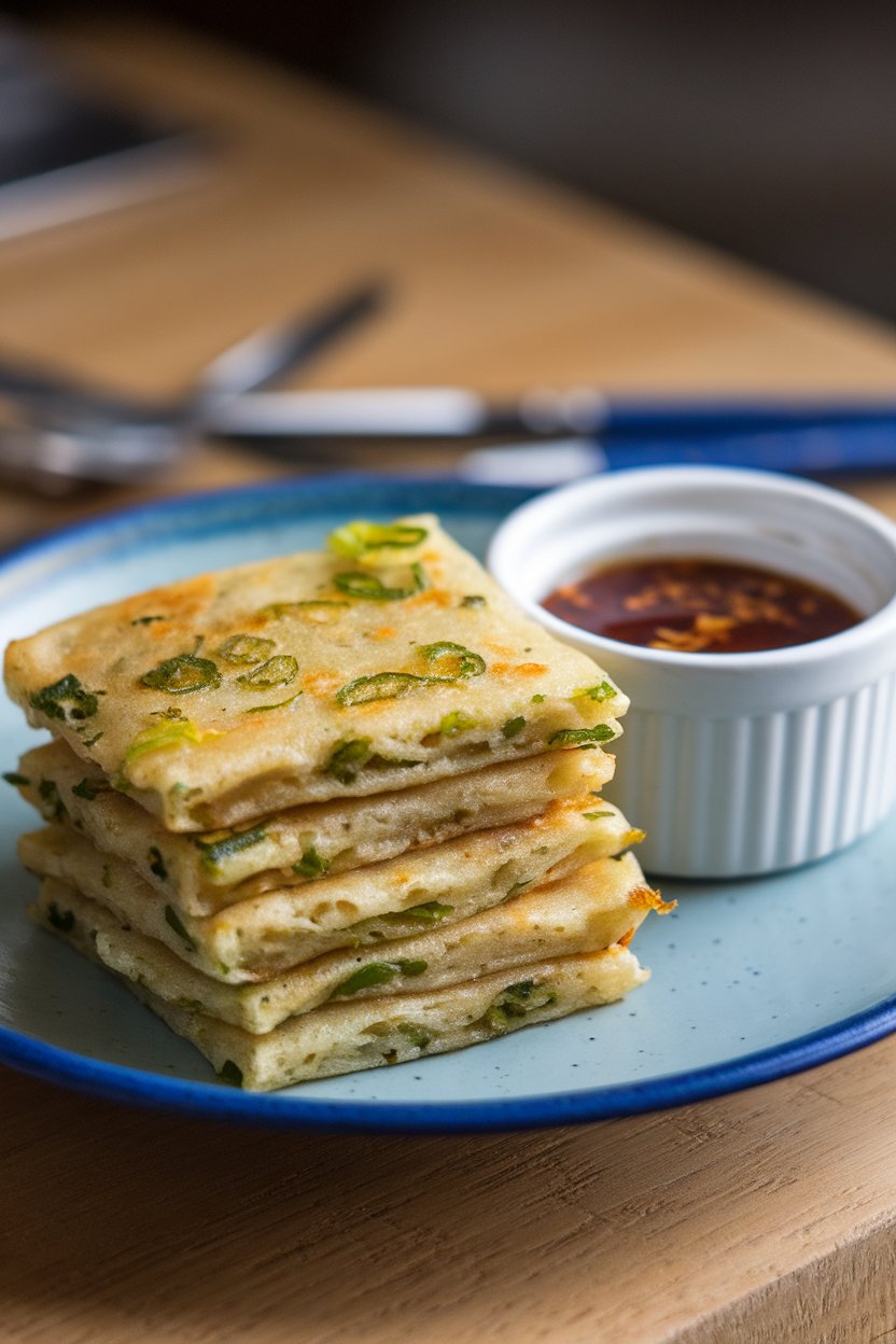 An indoor plate of small square scallion pancakes stacked beside a ramekin of dipping sauce. No text or logos.