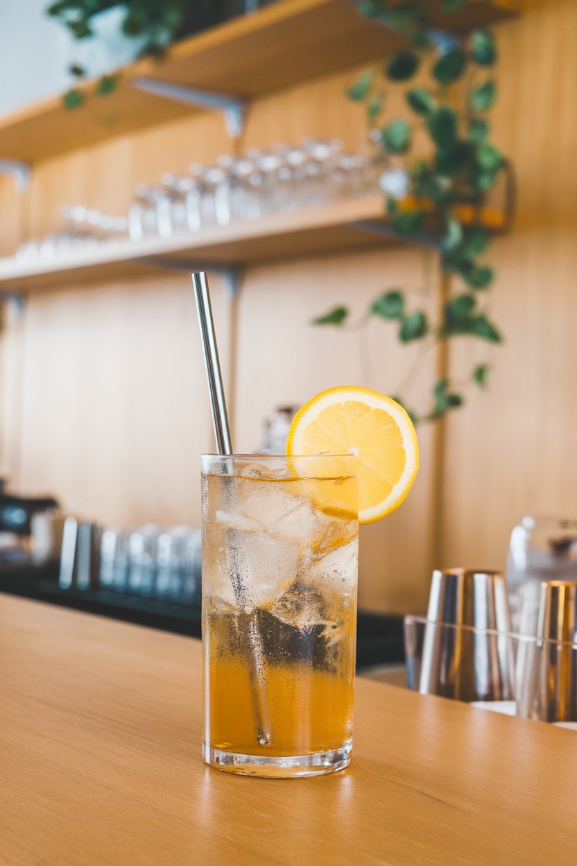 Indoor modern bar with a highball of golden kombucha cocktail, lemon slice, metal straw. No text or logos.