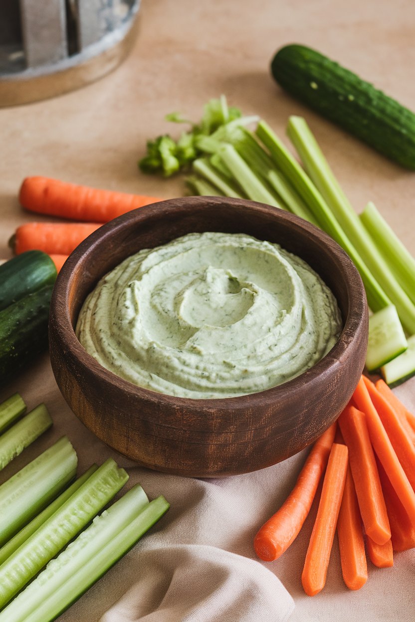 A photo of a vintage mixing bowl indoors holding pale green Green Goddess dip, surrounded by raw veggie sticks. No logos or text visible.