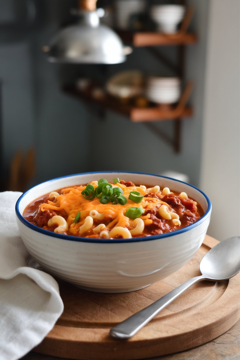 Indoor photo of elbow macaroni folded into beef chili, topped with melted cheddar and a sprinkle of scallions. No branding visible.