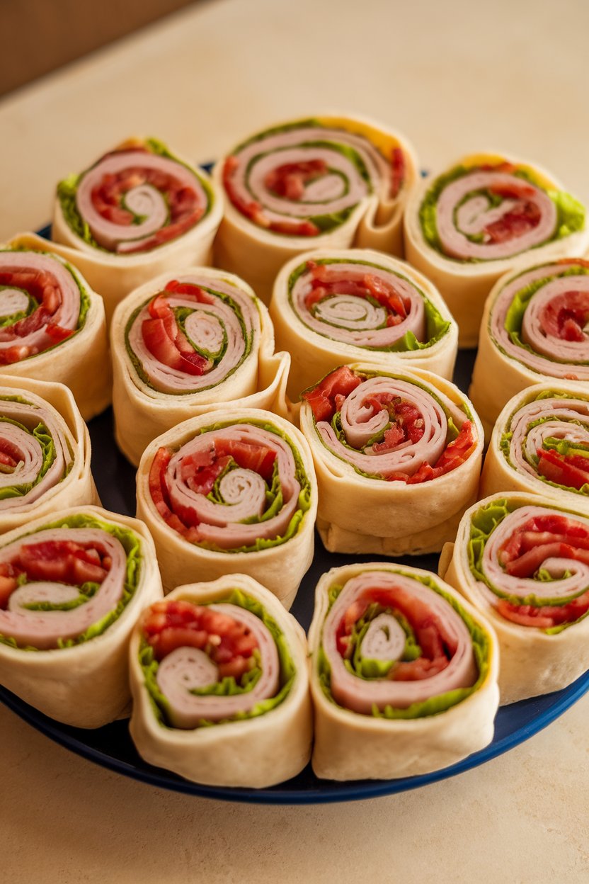 Indoor photo of tortilla pinwheels filled with turkey, bacon, lettuce, and tomato slices, arranged neatly; no text or logos.