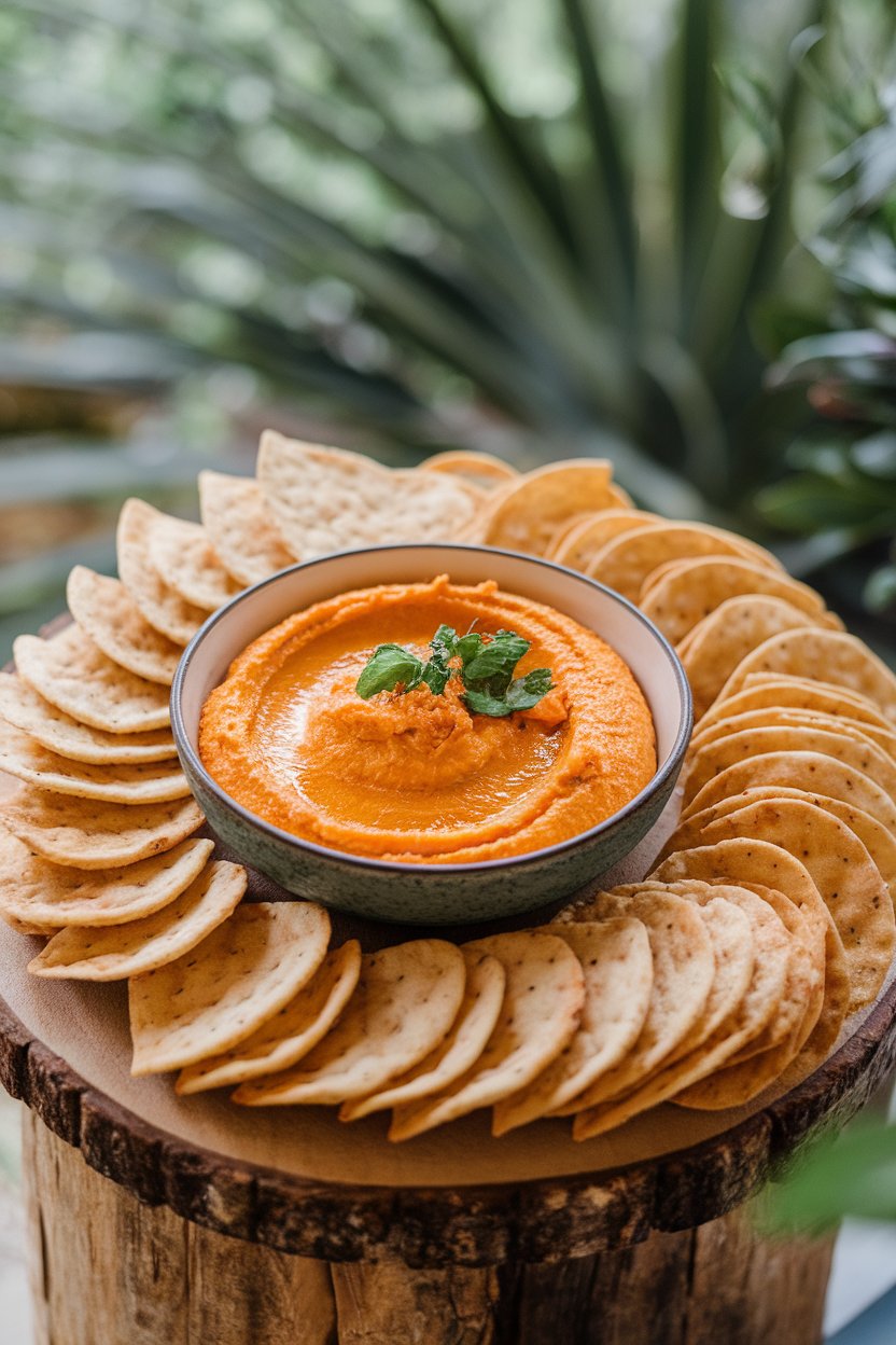 An indoor serving board with a bowl of orange sweet potato hummus, pita chips arranged around. No text or logos.