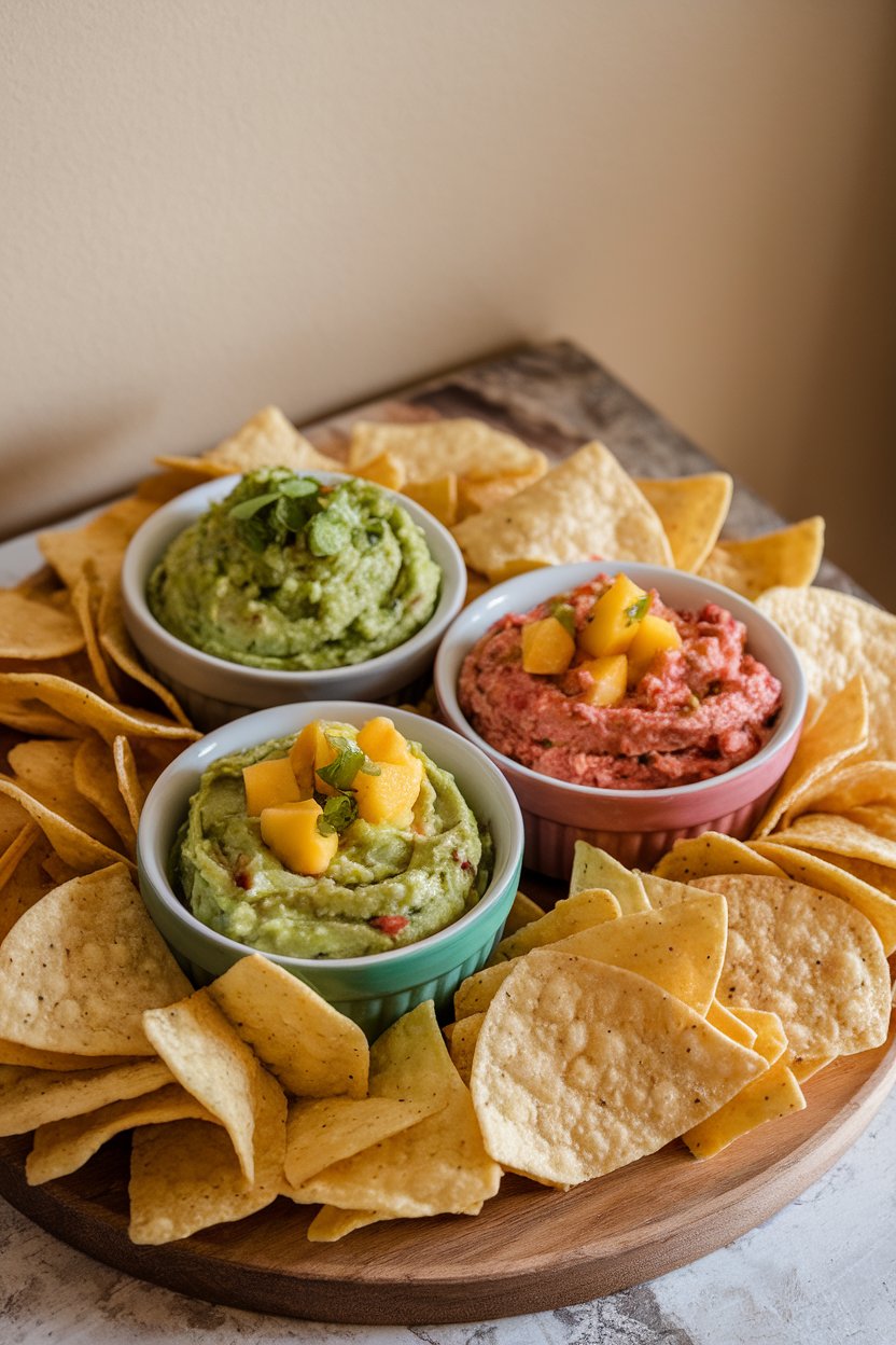 Indoor photo of three small bowls of guacamole variations—classic, mango, and spicy—surrounded by tortilla chips, no text or logos.