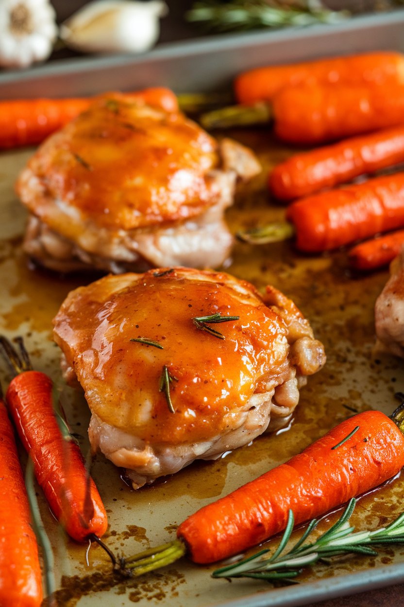 Indoor photo showing orange-zest glazed chicken thighs, roasted baby carrots glossy with the same glaze on a sheet pan. Warm lighting, no text or logos.