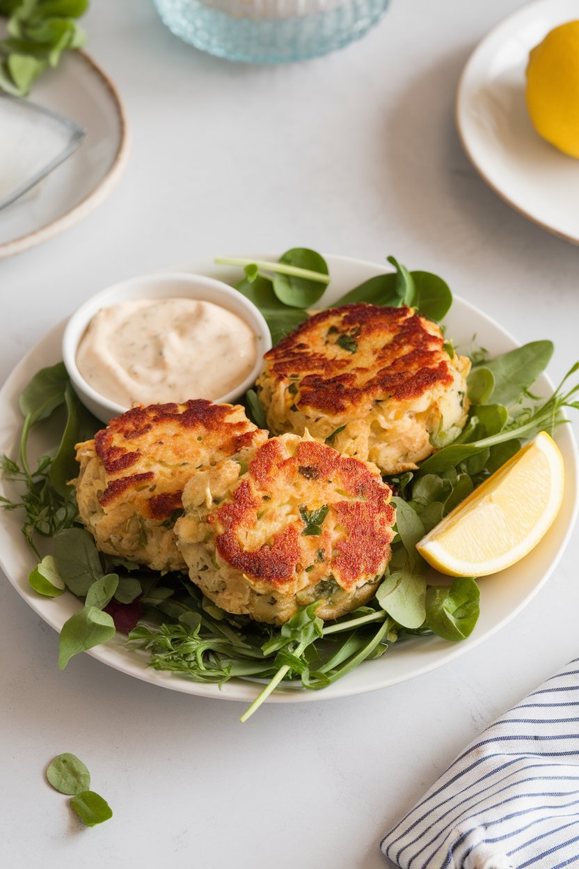 Photo prompt: Indoor plate with small golden vegan crab cakes made from hearts of palm, lemon wedge on the side, small dish of remoulade. No logos or text. Photo, not illustration.