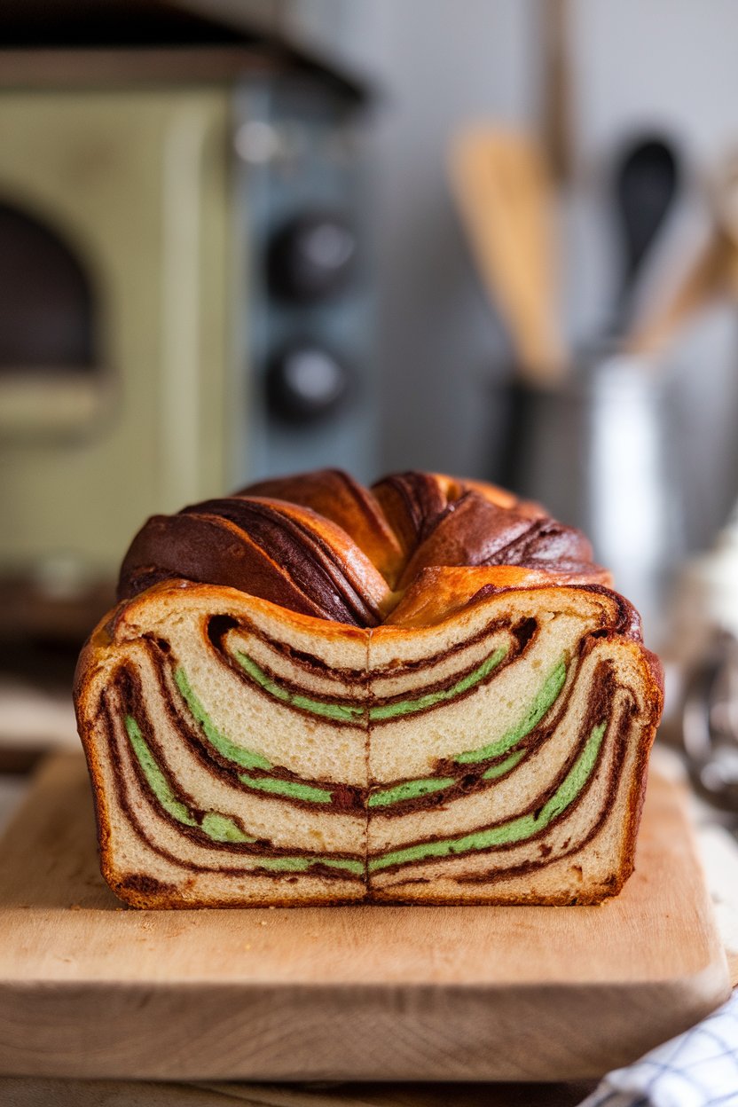 A sliced loaf of babka indoors showing twisted chocolate and green mint layers throughout the crumb. No text or logos.