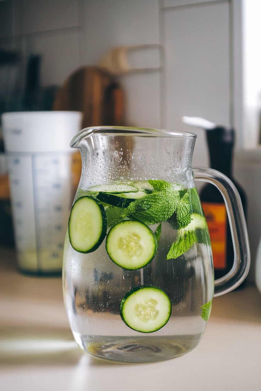Indoor kitchen counter scene featuring a clear pitcher filled with water, floating cucumber slices and mint leaves, condensation visible, no text or logos.