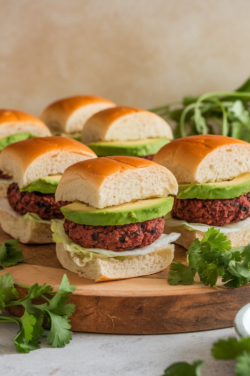 Indoor photo of mini sliders made from seared black bean patties, avocado slices, and lettuce on whole-wheat buns; no text or logos.