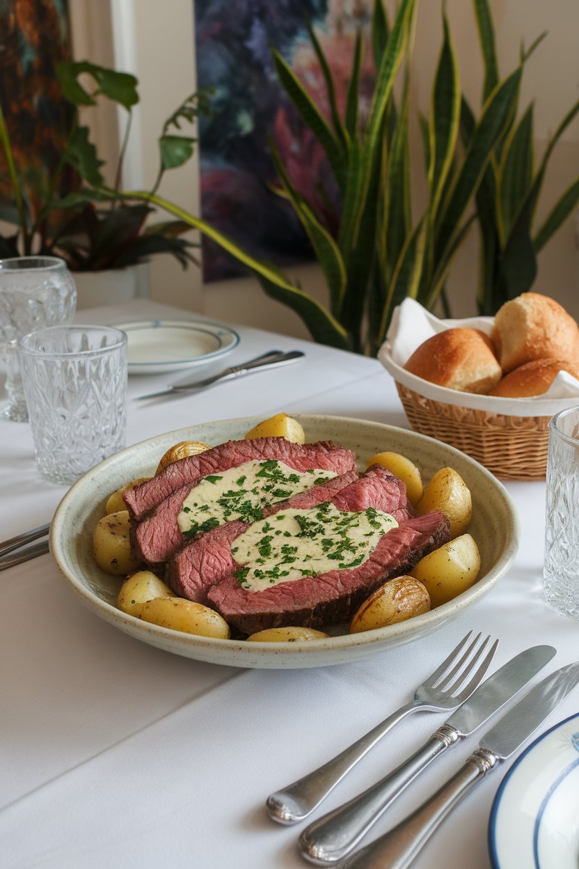Indoor dining room scene showing a shallow bowl with beef slices topped by melted herb butter flecked with parsley and garlic, surrounded by roasted baby potatoes. No logos or text.