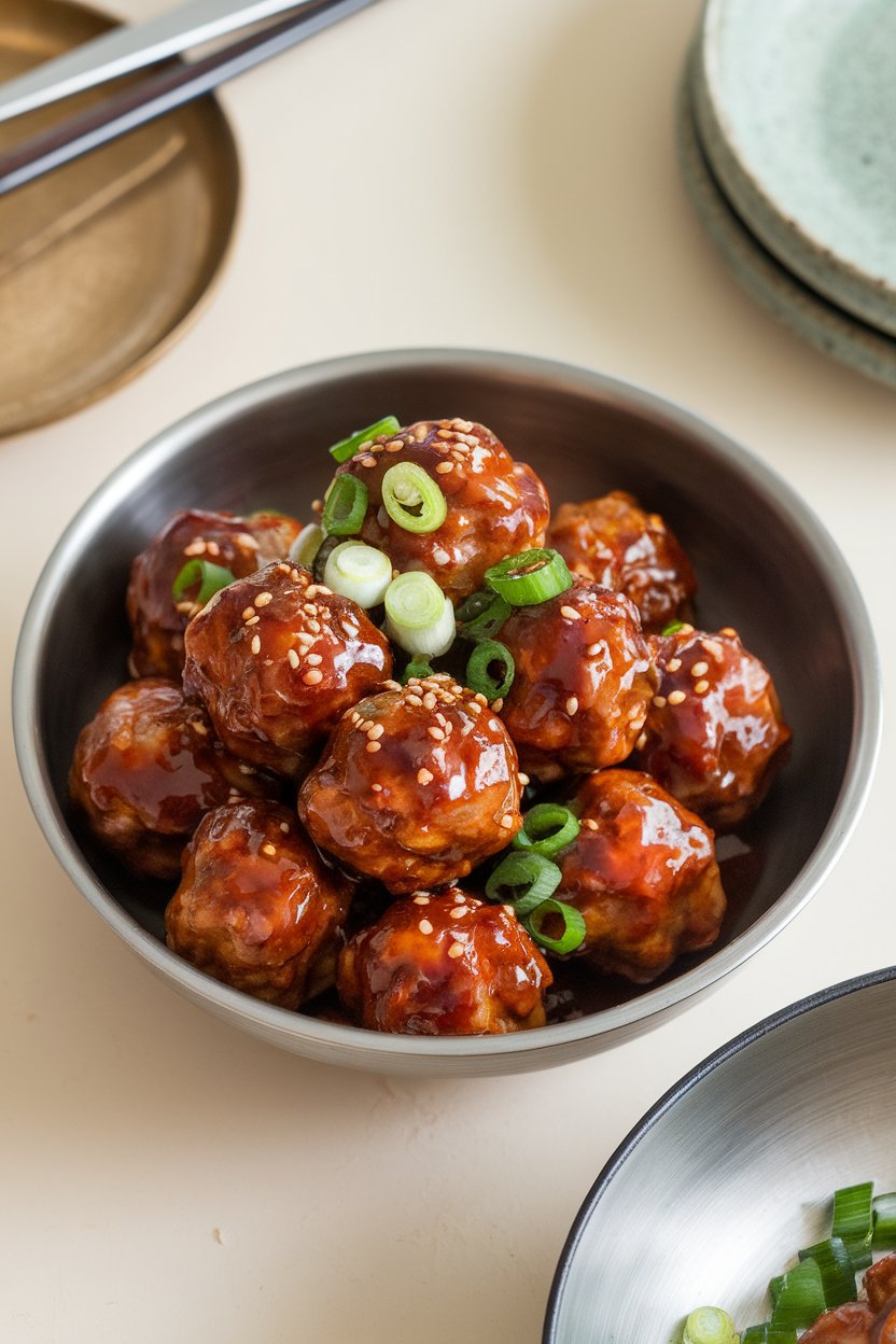 Indoor photo of glazed Korean-style meatballs topped with sliced green onions and sesame seeds, served in a shallow bowl; no text or logos