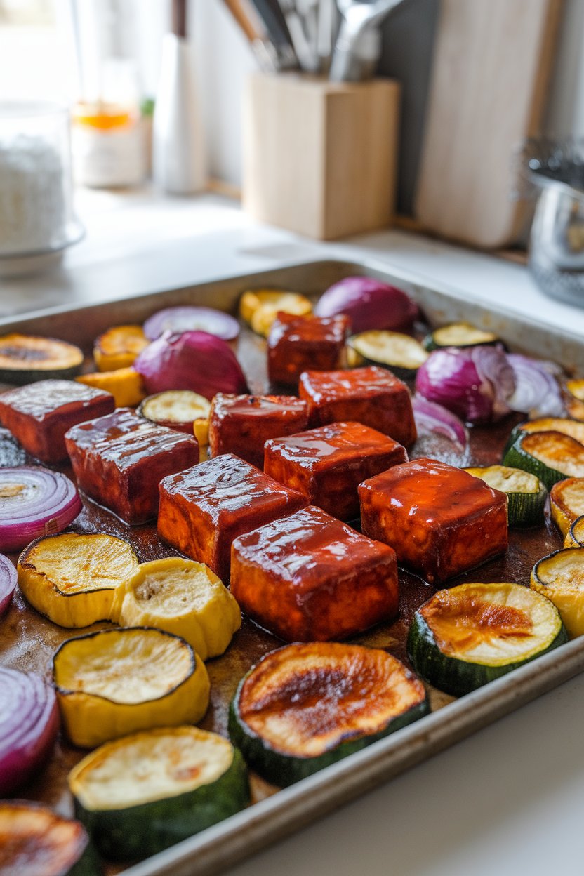 An indoor kitchen scene showing cubes of barbecue-glazed tofu alongside red onion, zucchini, and yellow squash on a sheet pan, caramelized edges visible. No logos, no text.