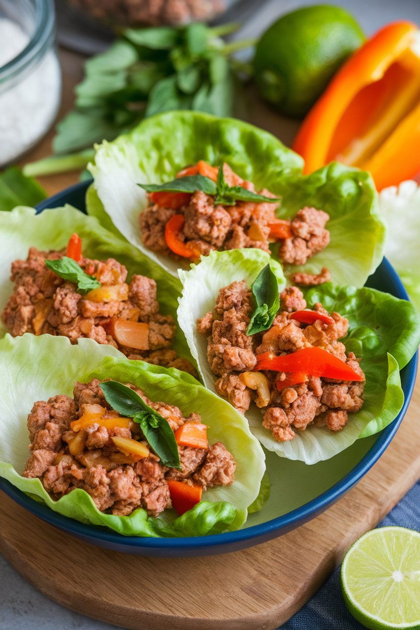 Indoor photo of butter lettuce leaves filled with ground turkey cooked with Thai basil, bell pepper, and a light chili-lime sauce. No text or logos.
