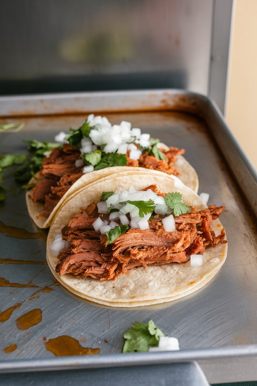 Photo of street-style carnitas tacos topped with diced onion and cilantro on an indoor metal tray, no text or logos