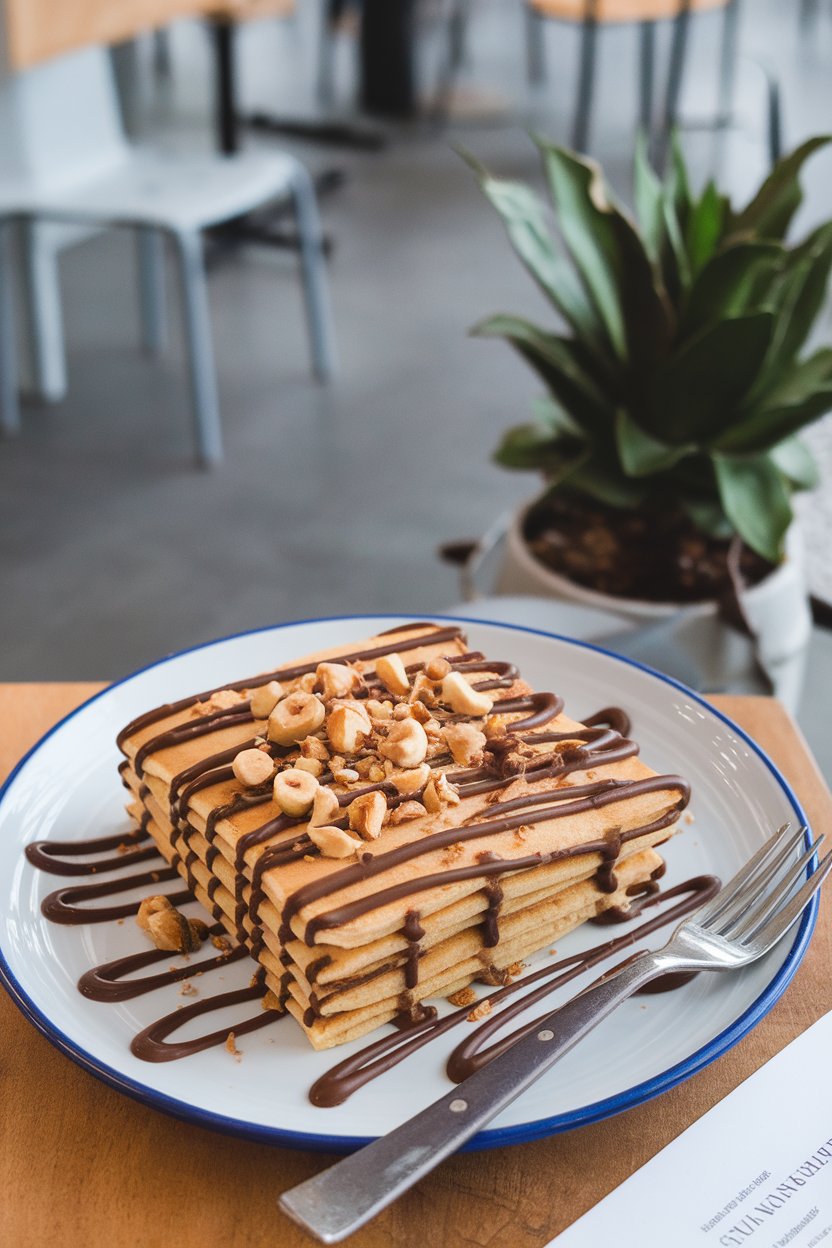 Pancake square featuring chocolate-hazelnut spread drizzle and a sprinkling of chopped hazelnuts, indoor café scene, no text or logos.
