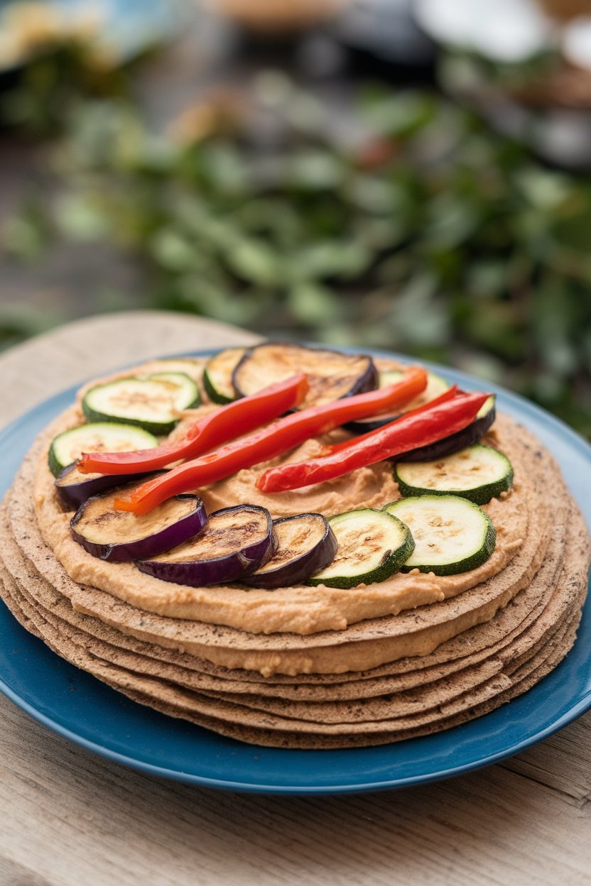 Indoor photo of whole-grain flatbreads layered with hummus, charred eggplant slices, zucchini rounds, and roasted red pepper strips. No text or logos.