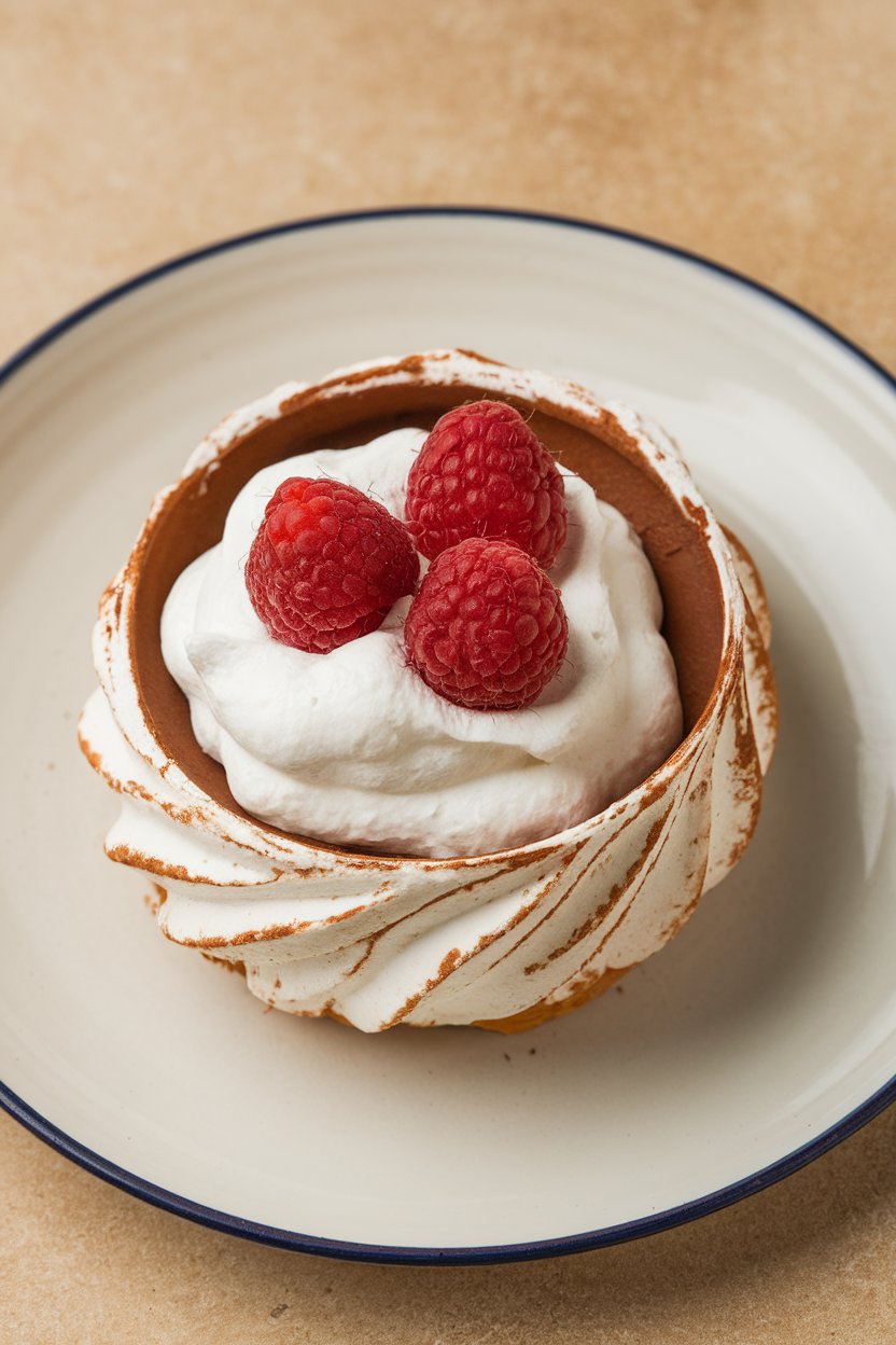 An indoor dessert plate showcasing a cocoa meringue shell filled with whipped cream and fresh raspberries. Photo, no text or logos.