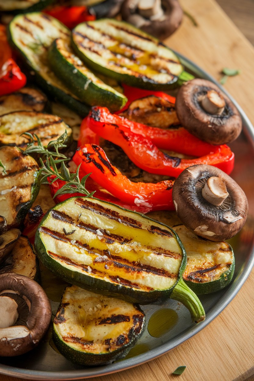 Indoor photo of colorful grilled zucchini, bell peppers, and mushrooms on a platter, olive oil sheen; no text or logos.